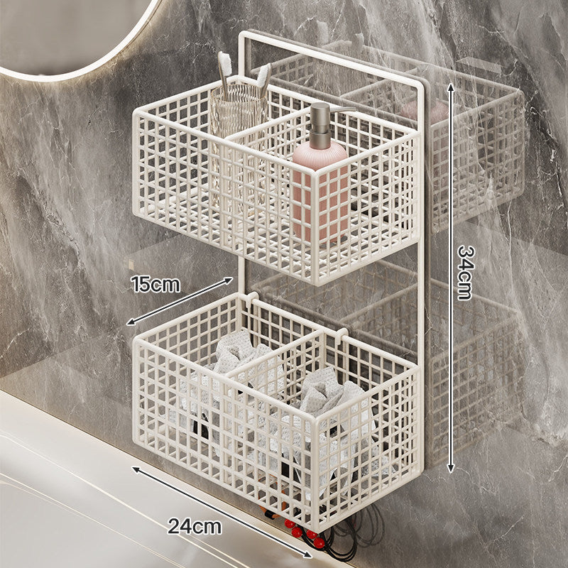Wall-Mounted Metal Grid Bathroom Caddy with Triple Compartments Hooks and Drainable Base