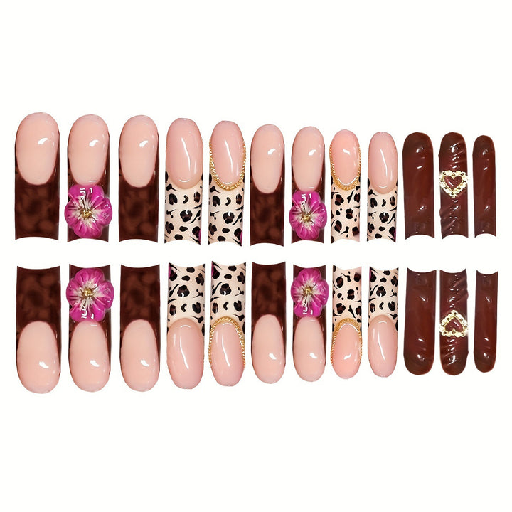 Decorative Long Acrylic Press-On Nail Art with Floral and Leopard Designs Stornfield