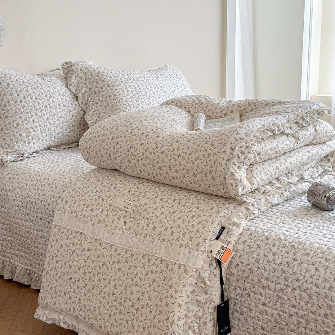 Quilted Floral Cotton Ruffle Duvet and Sham Set