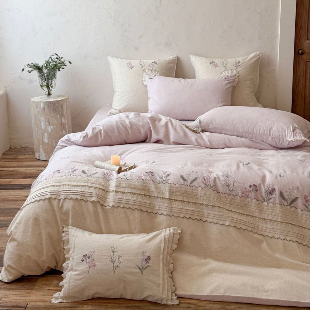 Embroidered Floral Linen-Cotton Duvet Cover Set with Ruffled Pillow Shams
