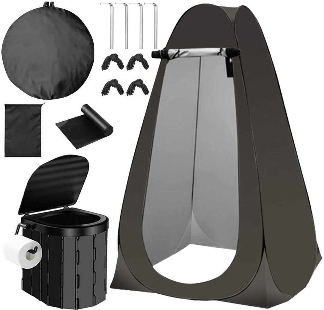 Portable pop-up privacy tent and collapsible camping toilet kit with full accessory set Stornfield