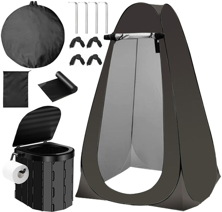 Portable pop-up privacy tent and collapsible camping toilet kit with full accessory set Stornfield