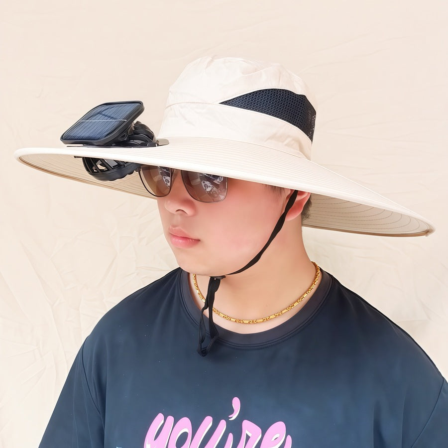 Wide-brimmed sun hat with detachable swivel solar fans and adjustable chin strap Stornfield