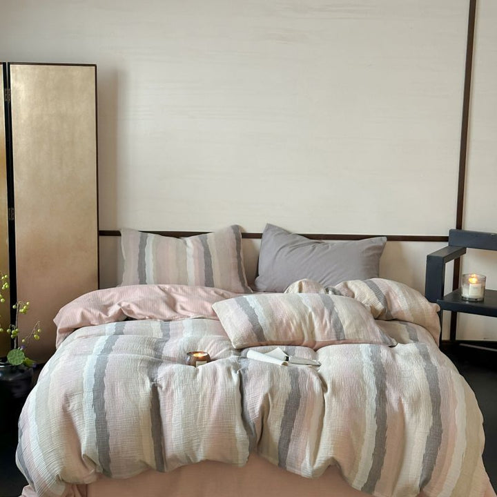 Pastel Striped Cotton-Linen Duvet Cover Set with Textured Seersucker Finish