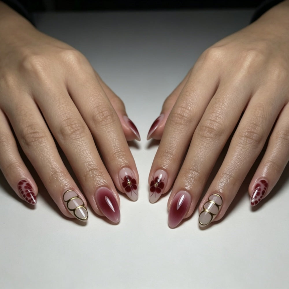 Artistic Press-On Nail Set with Floral and Ombre Designs Stornfield
