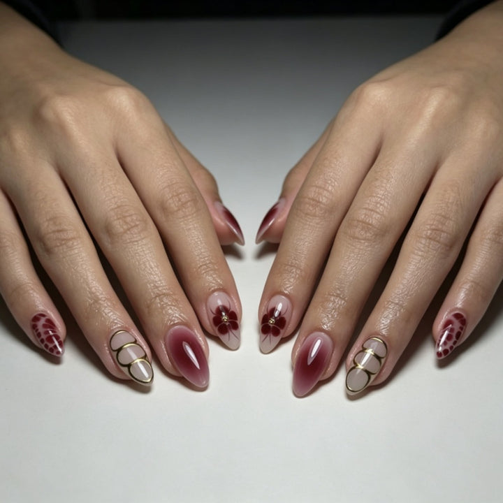 Artistic Press-On Nail Set with Floral and Ombre Designs Stornfield
