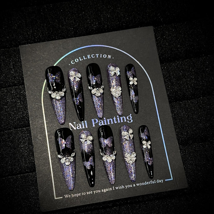 Elegant Stiletto Press-On Nail Art Set with Gemstone Accents