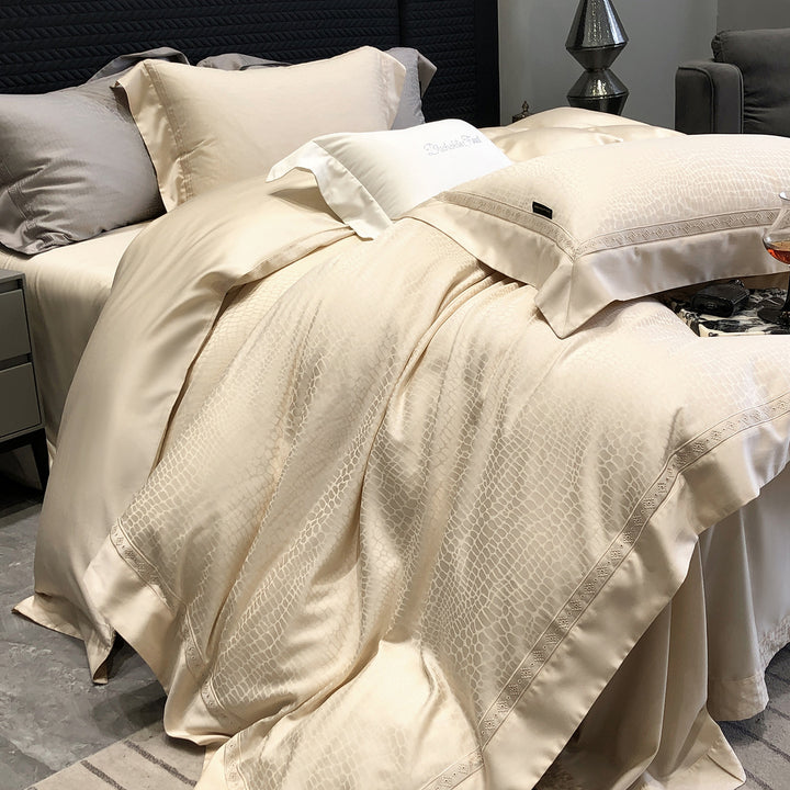 Luxury Textured-Border Egyptian Cotton Duvet Cover Set with Decorative Shams