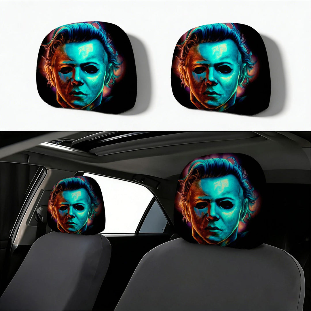 Car headrest cover with retro horror motif
