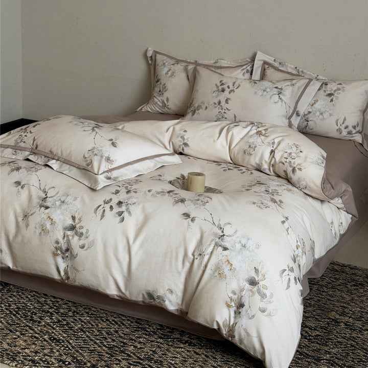 Cotton Sateen Watercolor Floral Duvet Cover Set with Piped Pillow Shams