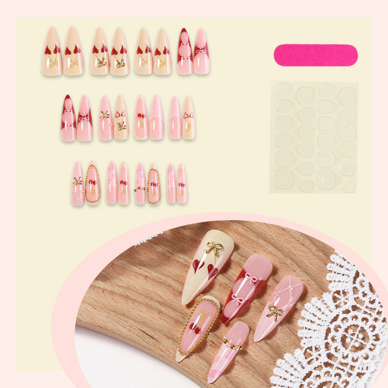 Elegant Decorative Press-On Nail Set with Bow and Heart Designs Stornfield