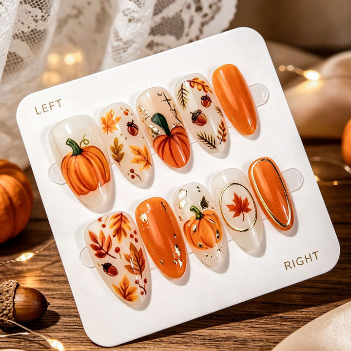Artistic Autumn-Themed Press-On Nail Art Set Stornfield