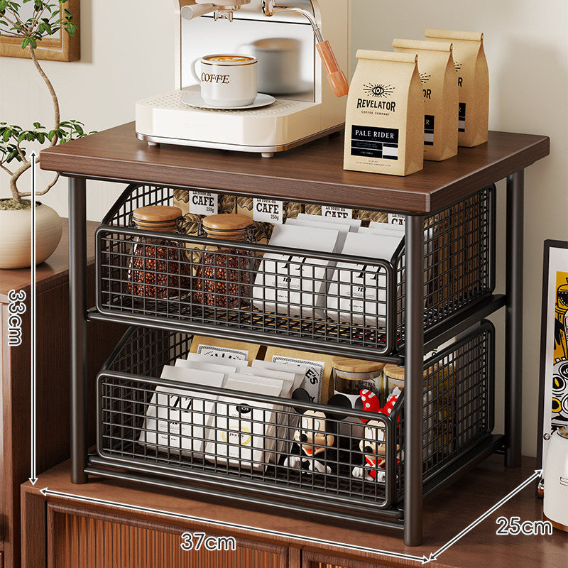 Countertop Wooden-Top Sliding Mesh Storage Basket Organizer with Metal Frame