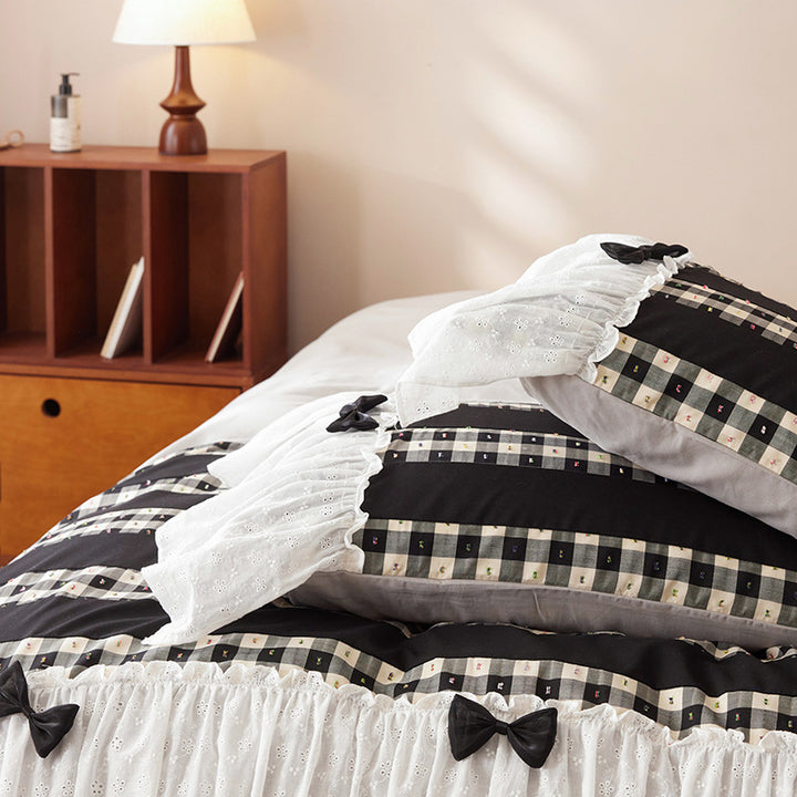 Ruffled Gingham Stripe Duvet Cover Set with Decorative Bows & Ruffled Skirt