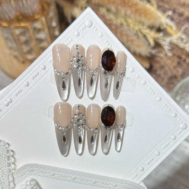 Glamorous Stiletto Press-On Nail Art Set with Elegant Gemstone Embellishments Stornfield