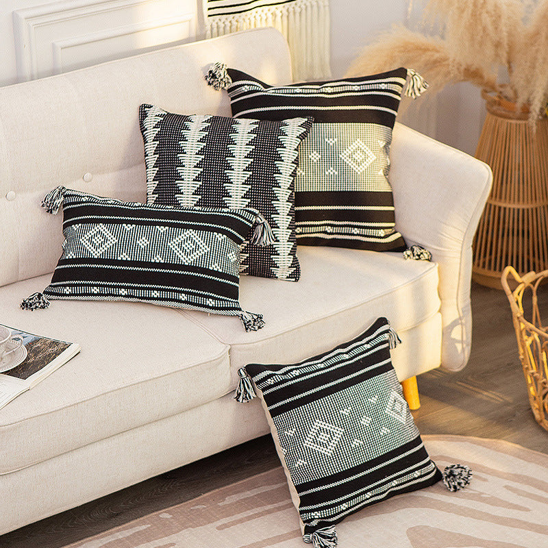 Decorative woven cushion cover with ethnic jacquard, tassels and concealed zipper Stornfield