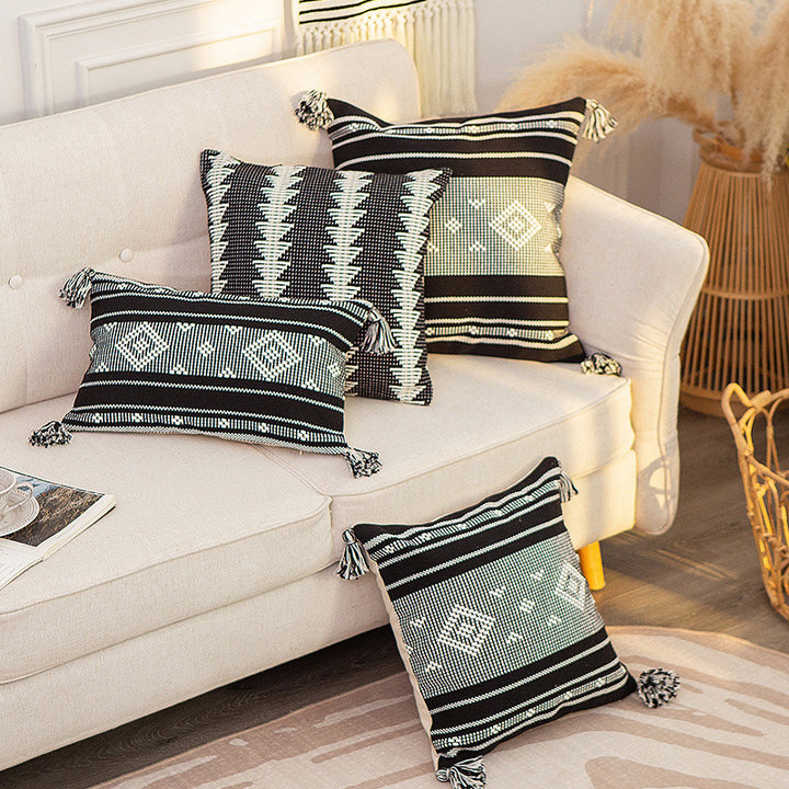 Decorative woven cushion cover with ethnic jacquard, tassels and concealed zipper Stornfield