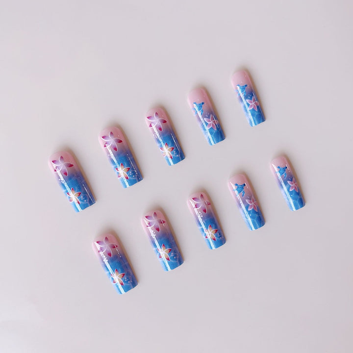 Artificial nail tips with tropical flower pattern and maritime turtle decoration Stornfield