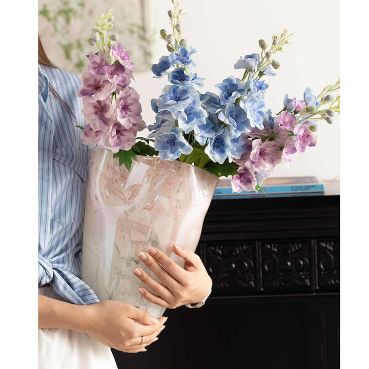 Handblown Marble-Effect Tall Sculptural Glass Vase with Organic Ruffled Rim Stornfield