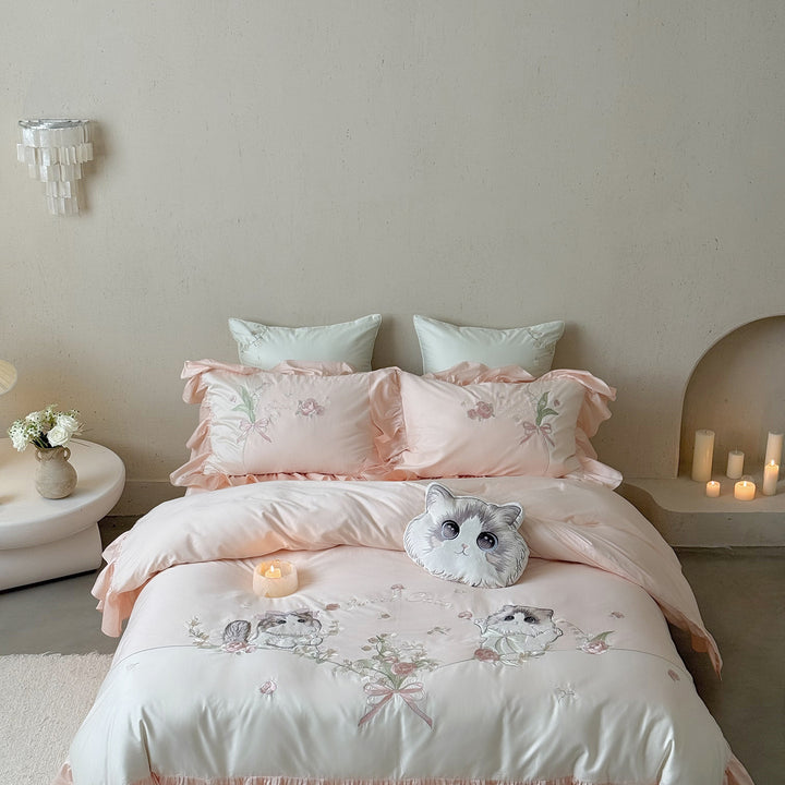 Luxury Embroidered Ruffled Cotton Sateen Duvet Cover Set with Cute Cat Motif