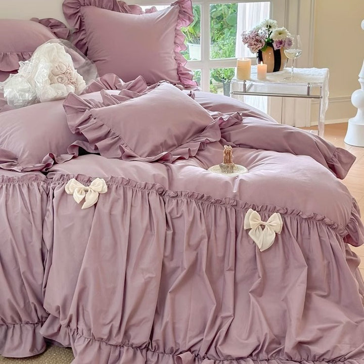 Ruffled Cotton Sateen Romantic Duvet Cover Ensemble with Gathered Skirt & Bow Accents
