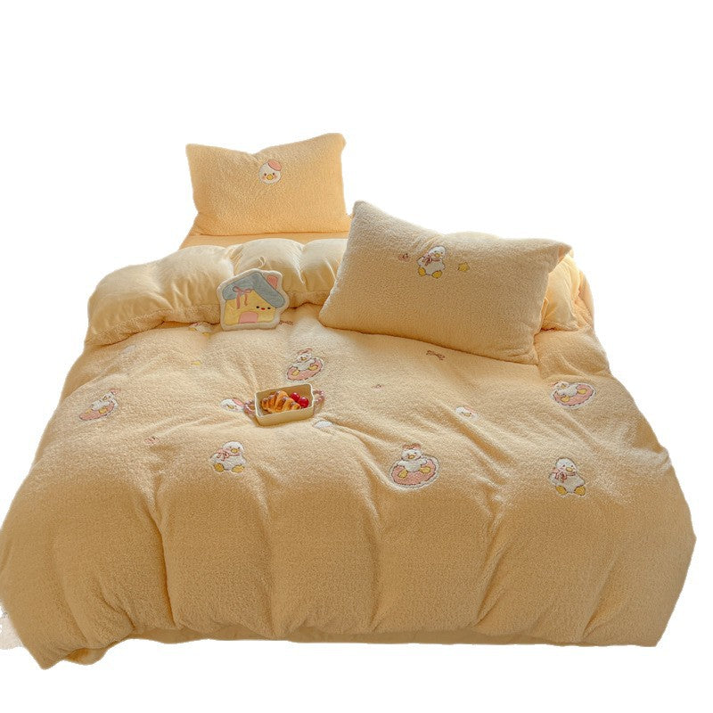 Plush Sherpa Reversible Comforter and Pillowcase Set with Kawaii Embroidered Motif