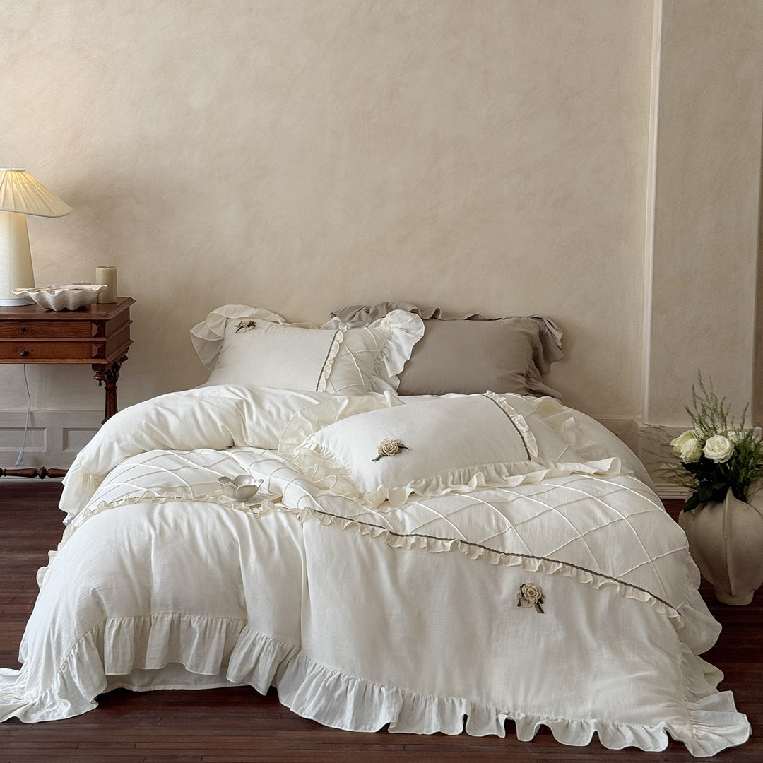 Ruffled Cotton-Linen Duvet Cover Set with Embroidered Rose Appliqué & Pillow Shams