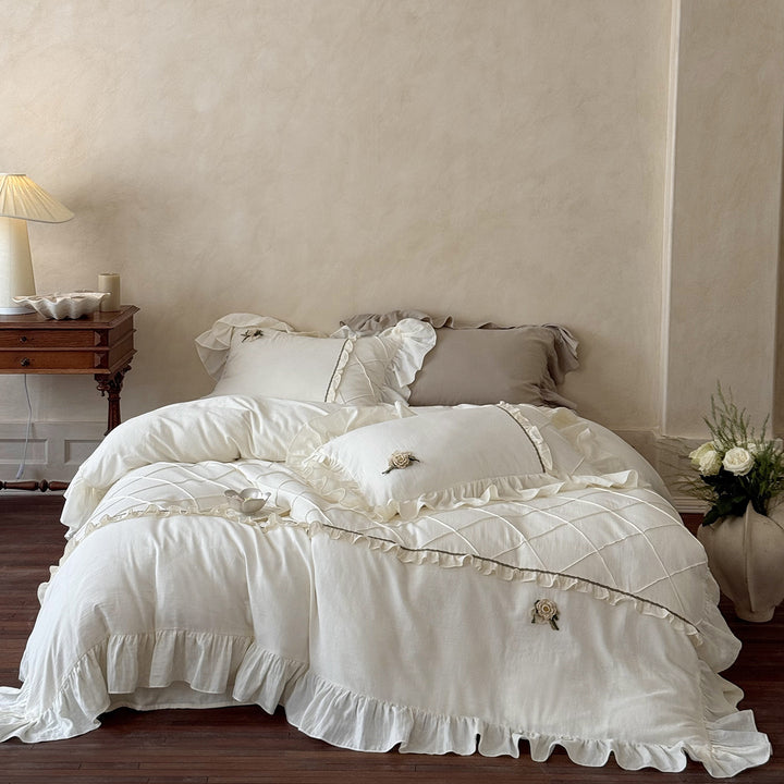 Ruffled Cotton-Linen Duvet Cover Set with Embroidered Rose Appliqué & Pillow Shams