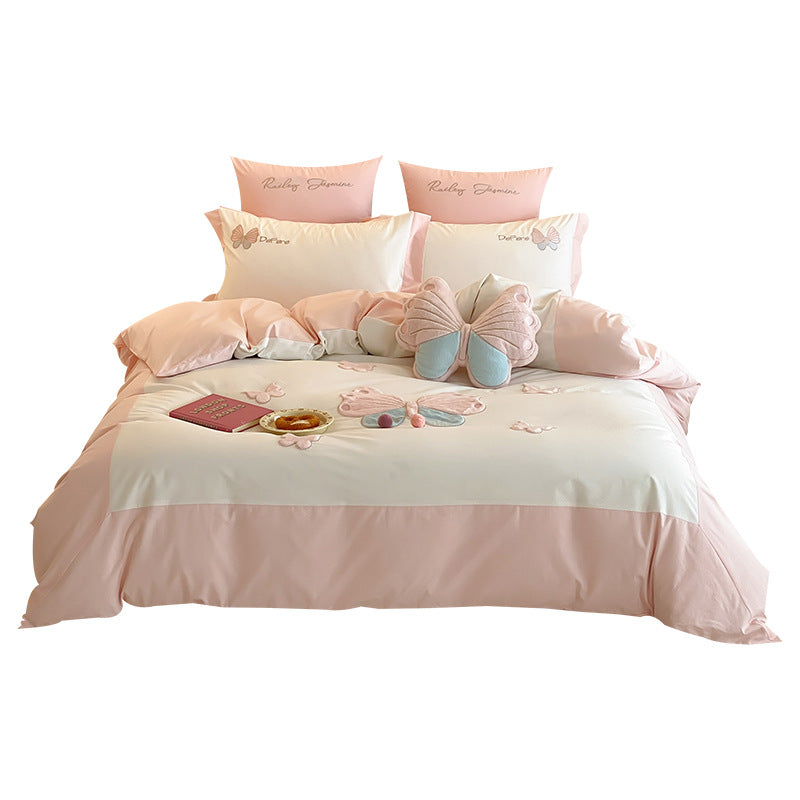 Butterfly Embroidered Cotton Sateen Duvet Cover Set with Decorative Shams and Plush Accent Pillow