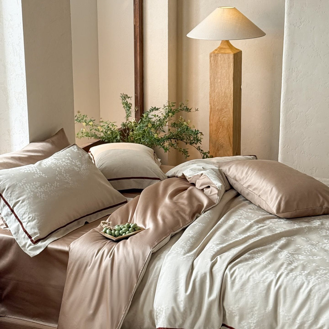 Premium bedding set made of breathable cotton blend with contrasting piping