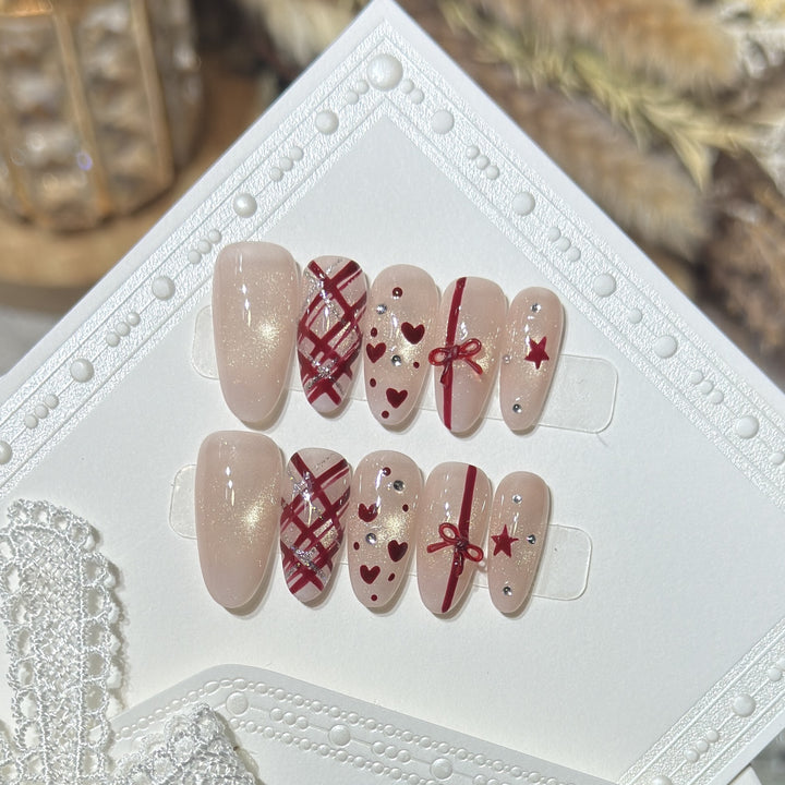 Romantic Themed Press-On Nail Set with Heart and Bow Accents Stornfield