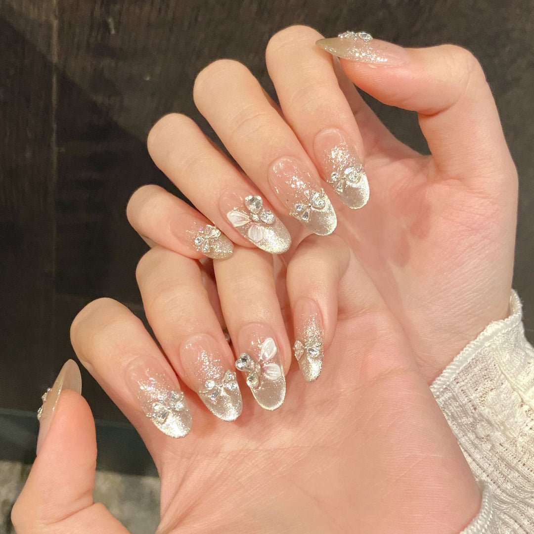 Decorative Press-On Nail Art Set with Rhinestone Bow Accents