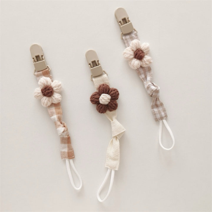 Organic Cotton Pacifier Leash with Quick-Release Clip and Hand-Knit Flower