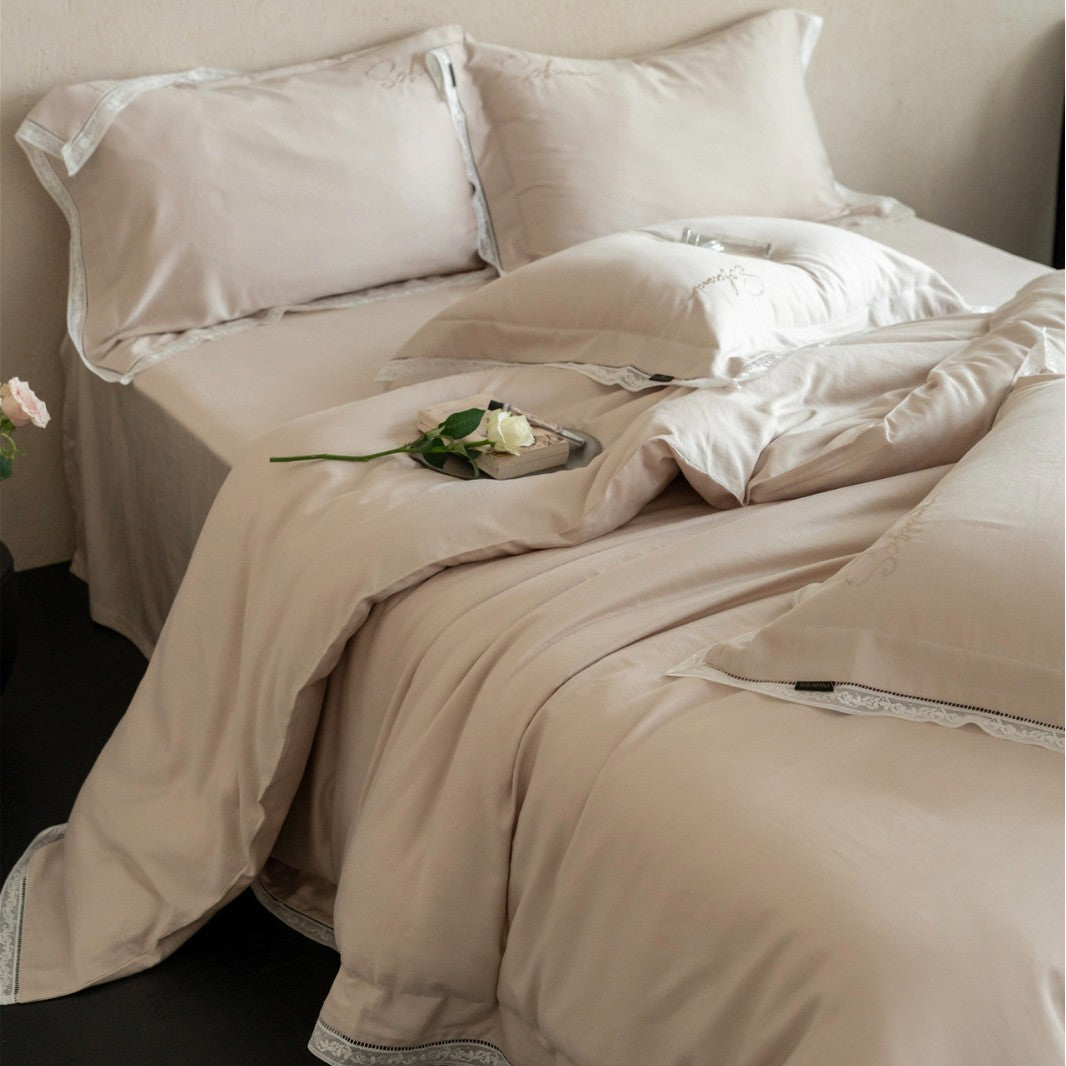 Luxury Cotton Sateen Duvet Cover Set with Embroidered Lace Hem