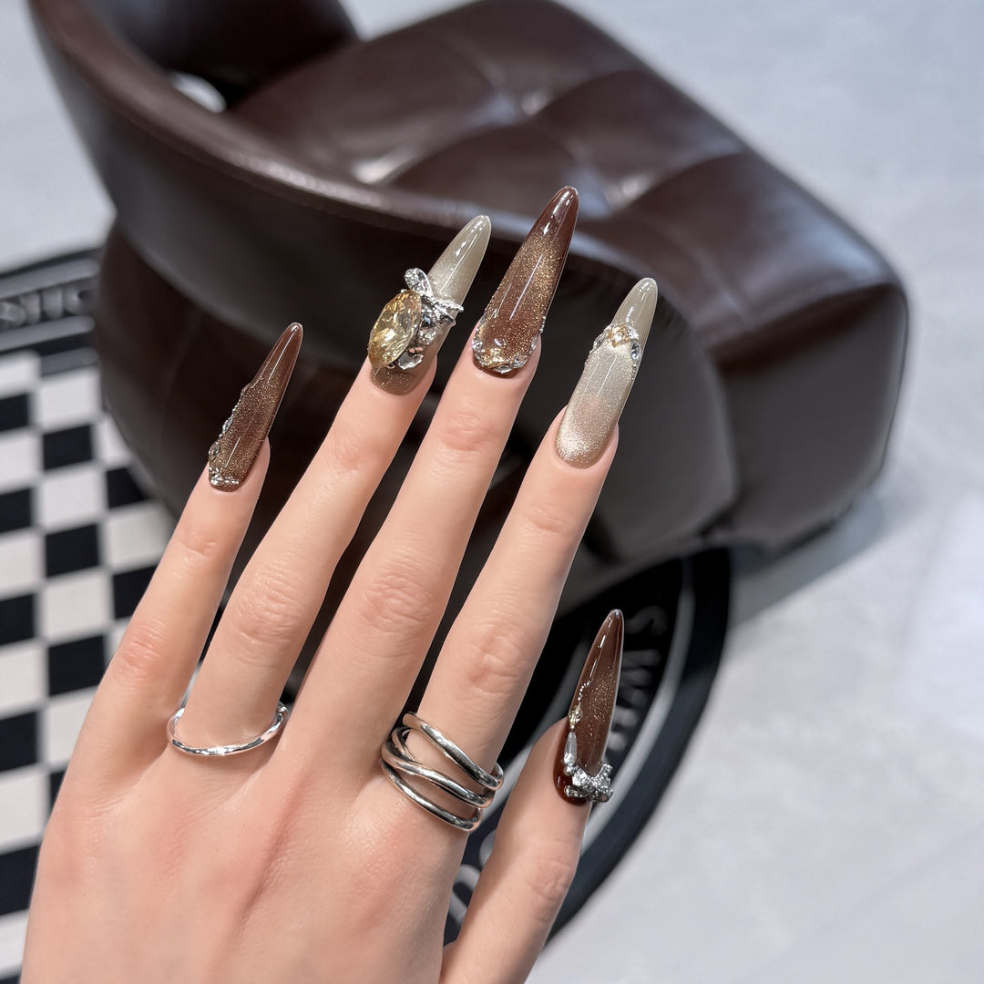 Artistic Stiletto Press-On Nail Set with Gemstone Accents Stornfield