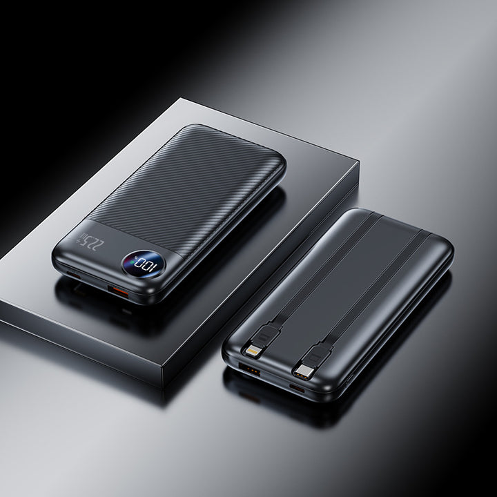 Portable power bank with integrated charging cable and digital charge level display Stornfield