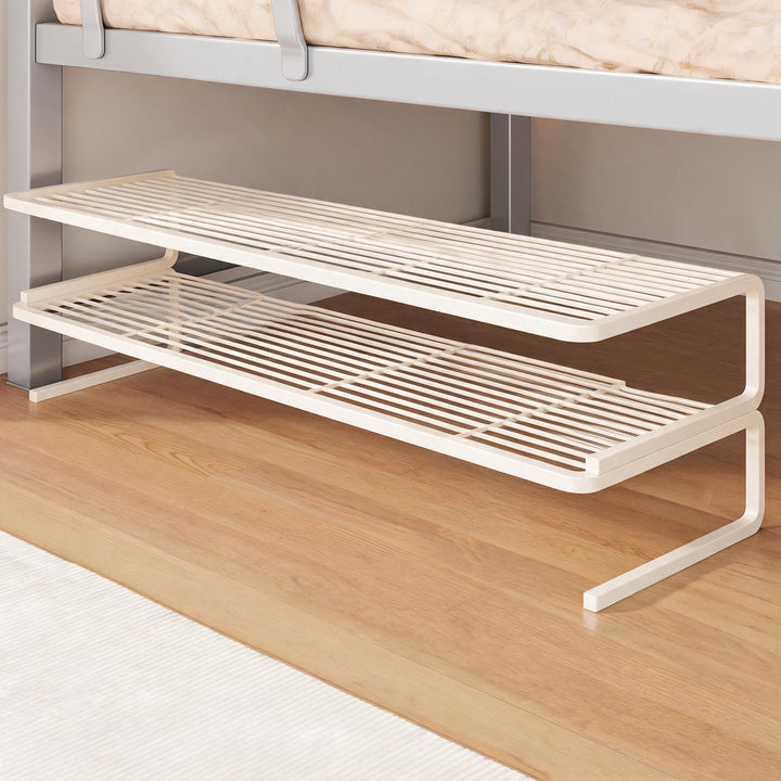 Compact Two-Level Slatted Under-Bed Shoe Organizer Rack