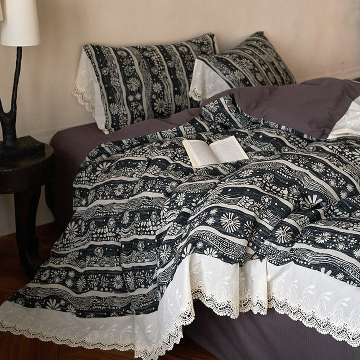 Bohemian Lace-Trim Cotton Duvet Cover Set with Pillow Shams