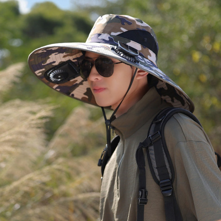 Wide-brimmed outdoor sun hat with solar-powered micro fan, breathable mesh and adjustable chin strap Stornfield