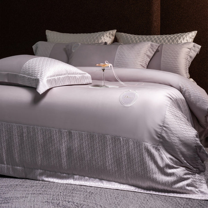 Silk-Feel Jacquard Sateen Duvet Cover Set with Embroidered Crest & Bed Skirt
