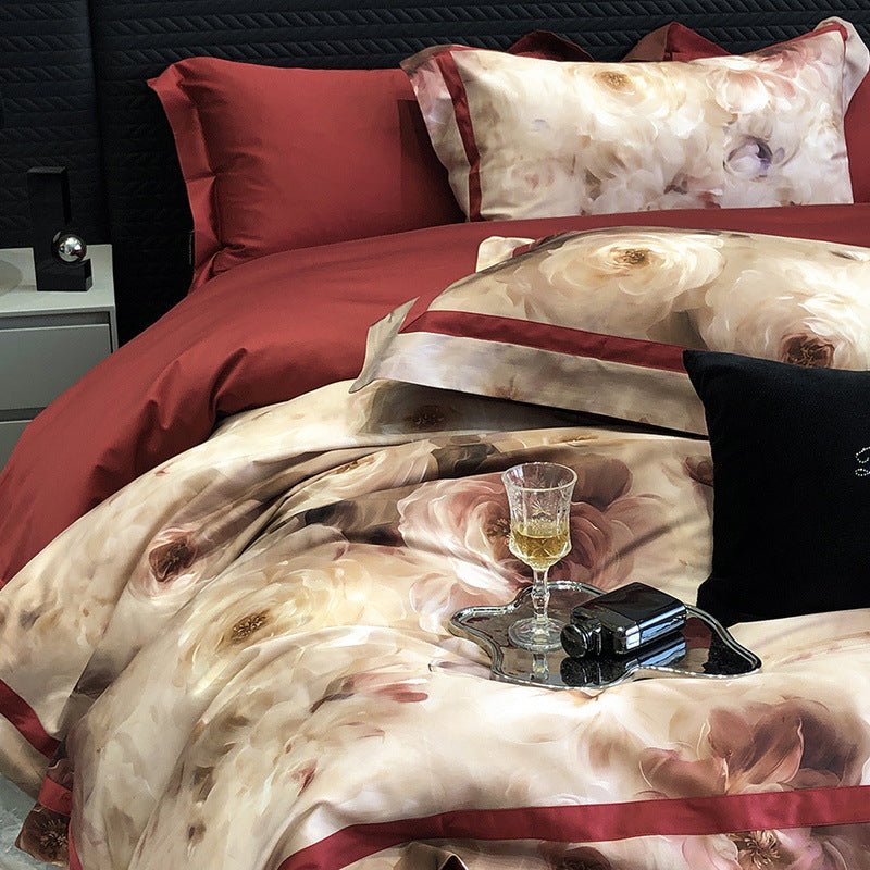 Satin bedding set with watercolor rose design, hotel closure and contrast piping