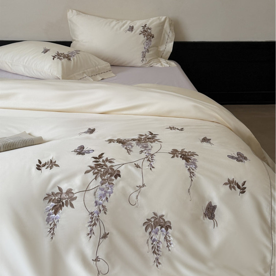 Embroidered Wisteria and Butterfly Cotton Sateen Duvet Cover Set with Piped Edge