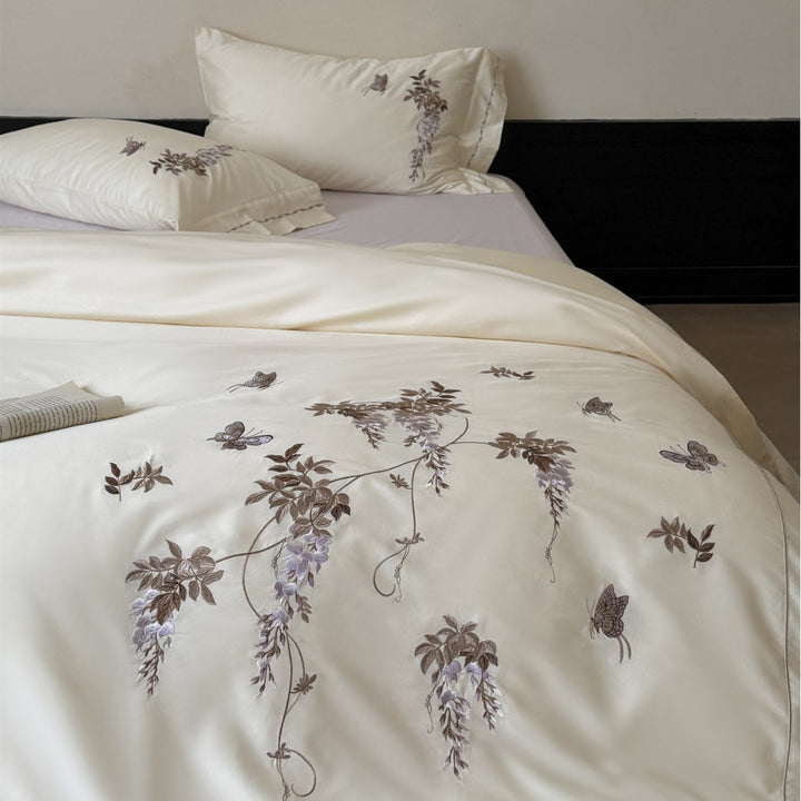 Embroidered Wisteria and Butterfly Cotton Sateen Duvet Cover Set with Piped Edge