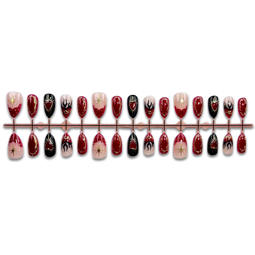 Artistic Press-On Nail Set with Heart and Flame Designs