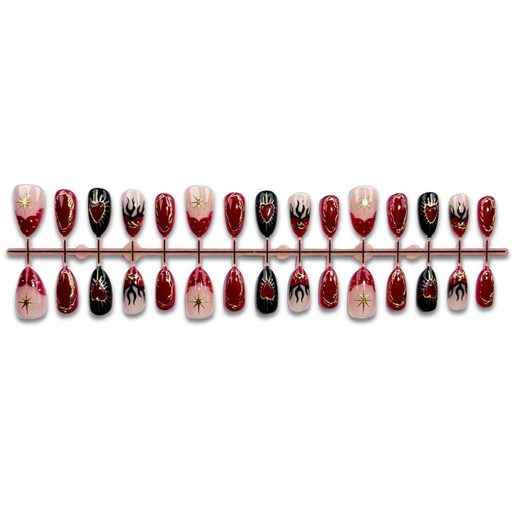 Artistic Press-On Nail Set with Heart and Flame Designs
