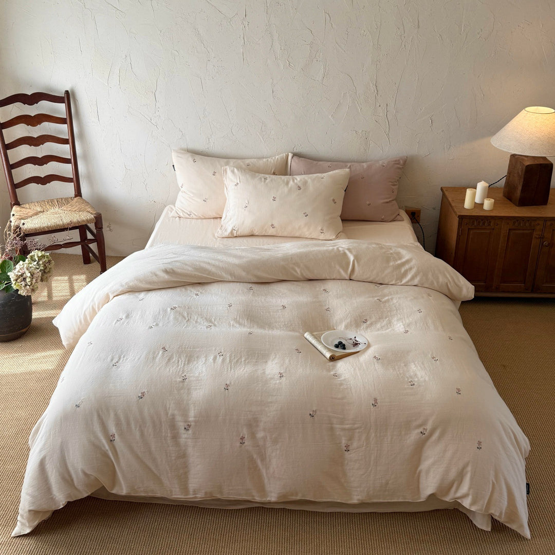 Embroidered Mini Floral Cotton Duvet Cover Set with Pillowcases