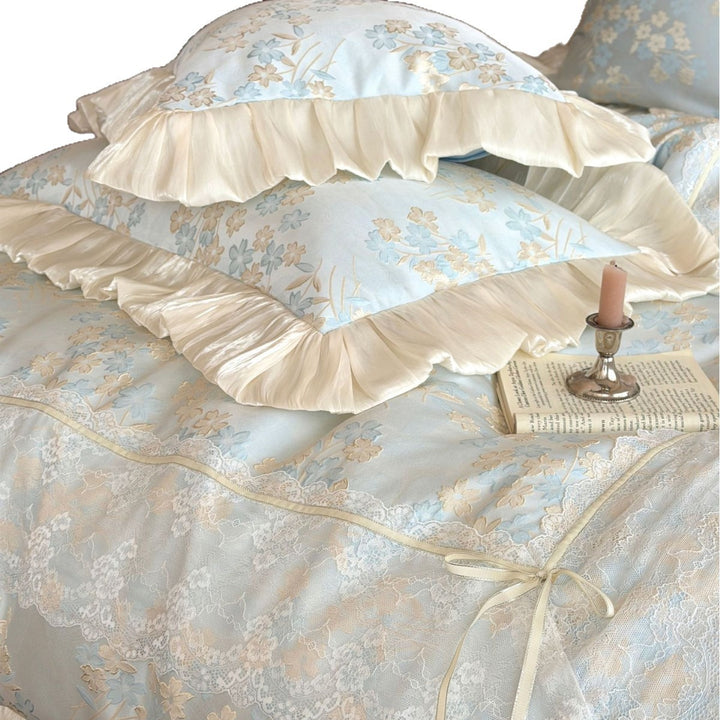 Luxurious Floral Ruffled Lace Comforter Set with Satin Trim