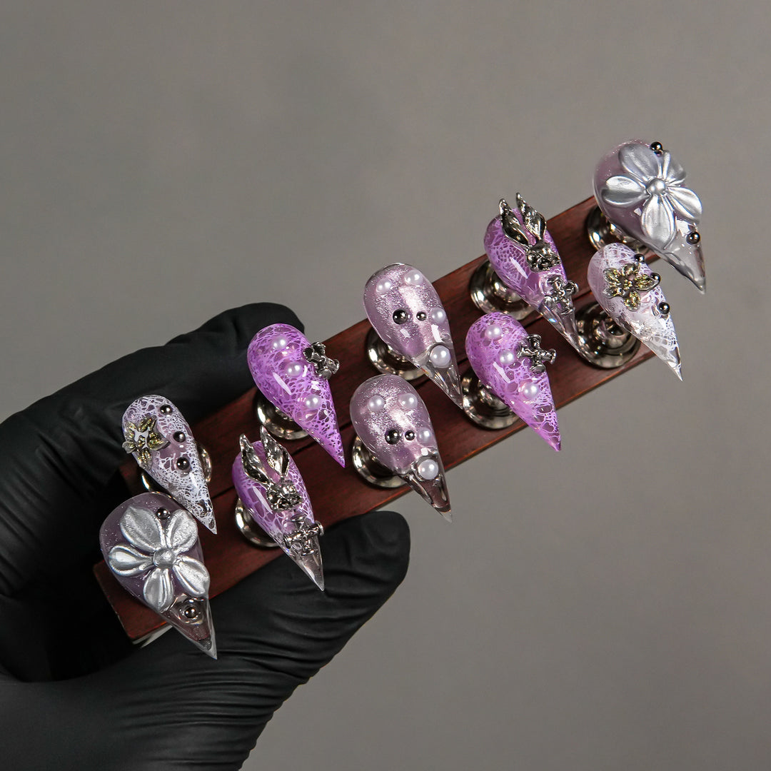 Decorative Stiletto Press-On Nails with Gem Accents