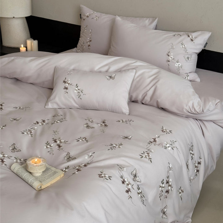 Embroidered Floral Butterfly Cotton Sateen Duvet Cover Set with Pillow Shams