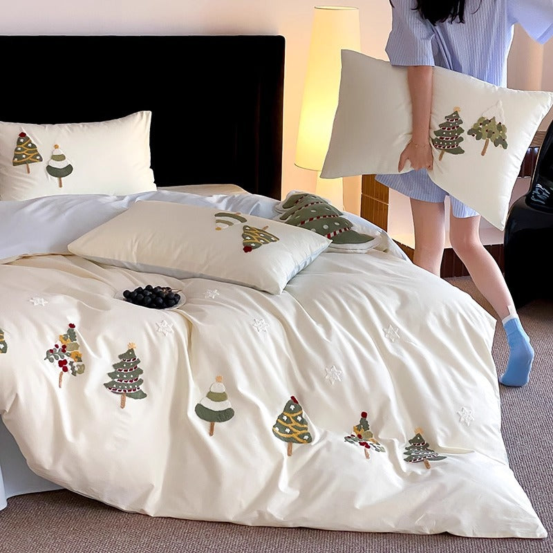 Embroidered Christmas Tree Cotton Sateen Duvet Cover Set